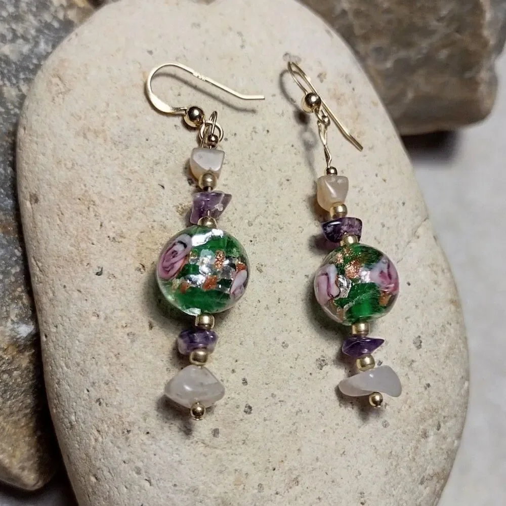 14k GF Murano Glass Foil Rose Bead Dangle Earrings